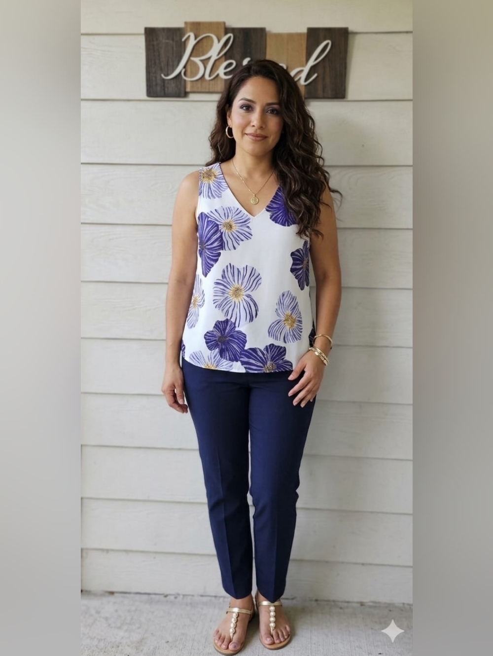 Nine West White Tank Top with Purple and Yellow Floral Print
